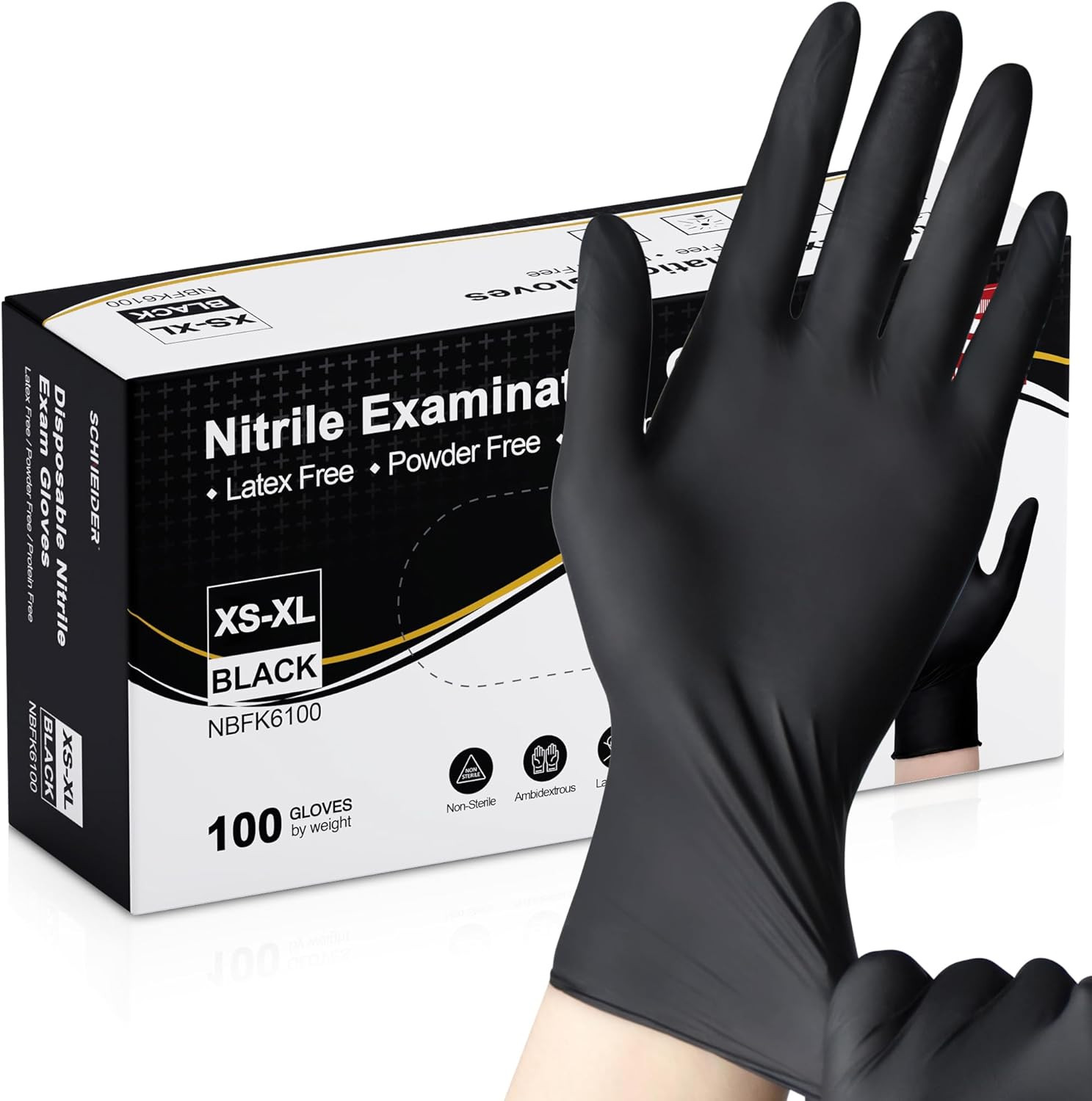 Schneider Nitrile Exam Gloves, Black Latex Free Powder Free Disposable Gloves fo