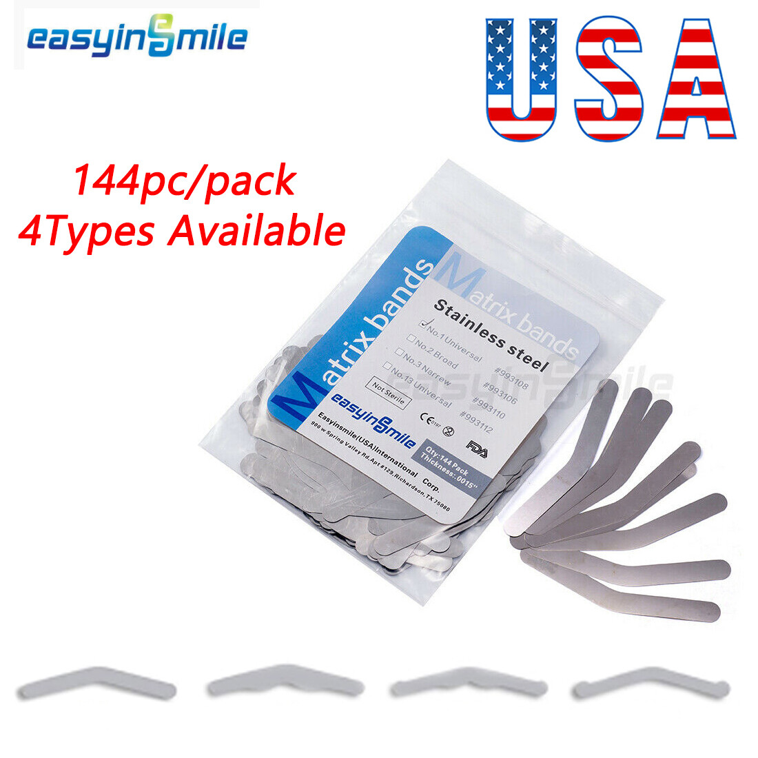 4Types Dental Matrix Bands Stainless Steel Tofflemire Bands 144pcs 0.04MM 0.015