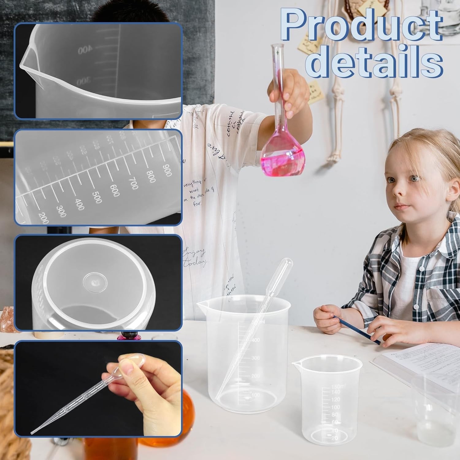 Clear Measuring Beaker Set – 30ml to 1000ml with 20 Droppers for Laboratories