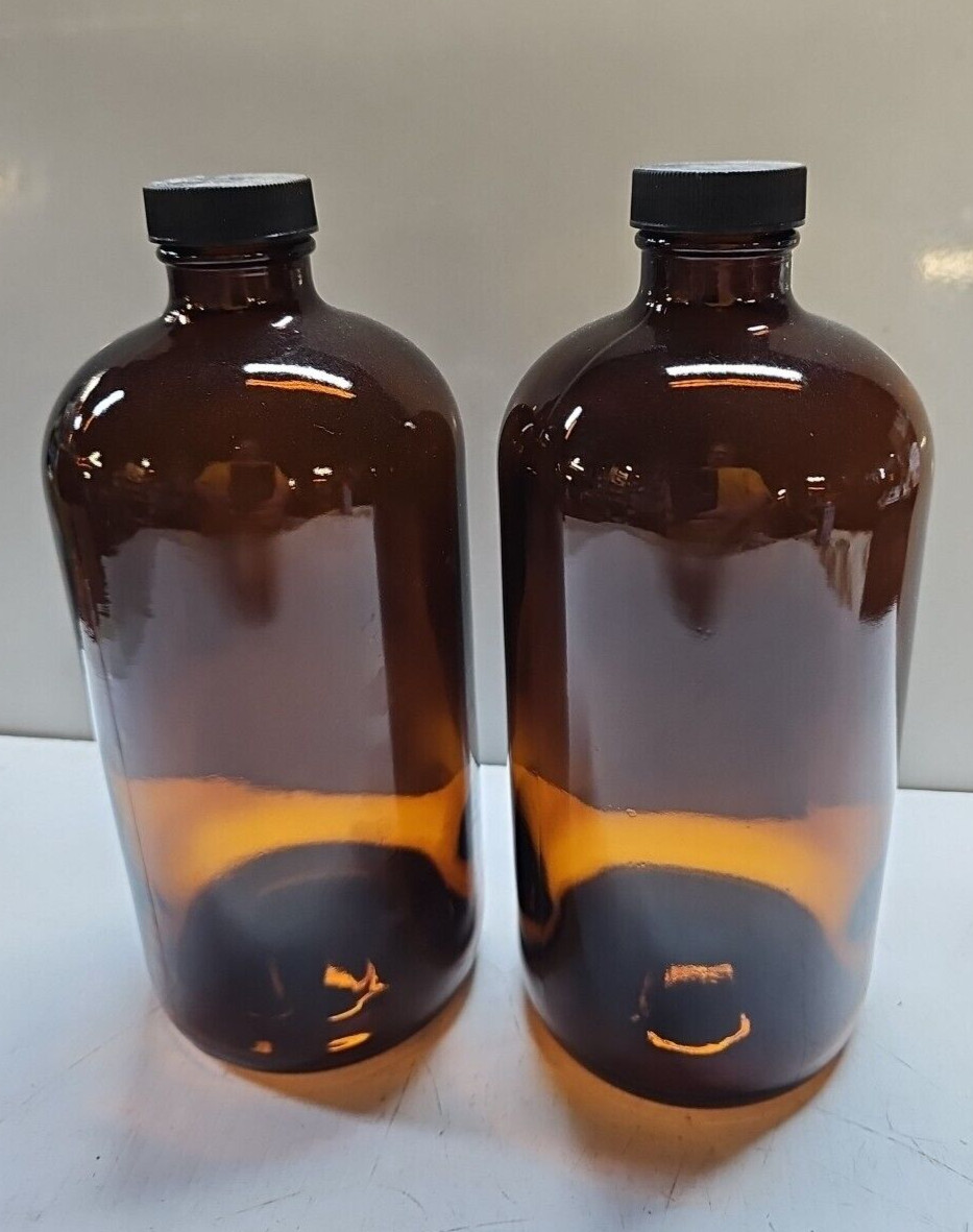 Lot of 2 NEW 1L 32 oz Boston Round Amber Glass Bottles with PE Cap Liner