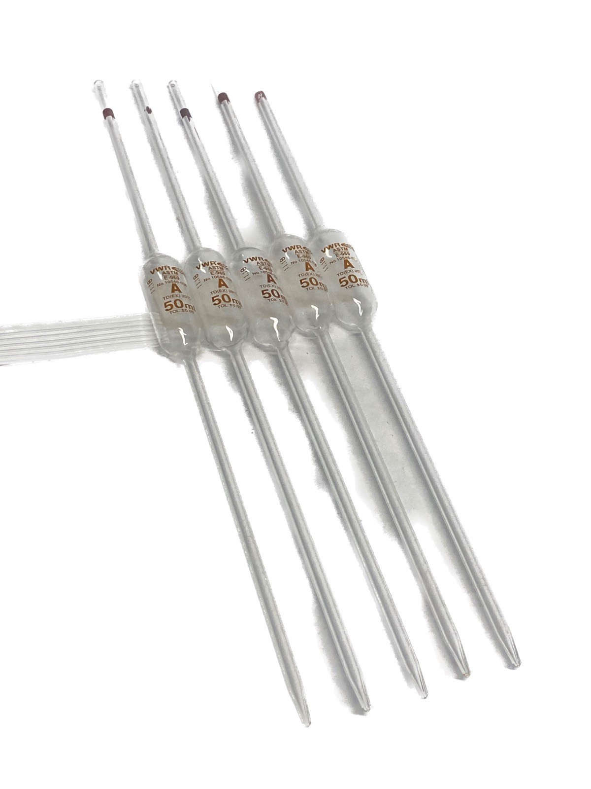 (5) VWR Glass Class A 50mL Bulb Volumetric Reusable Pipets ASTM E-969 10546-036