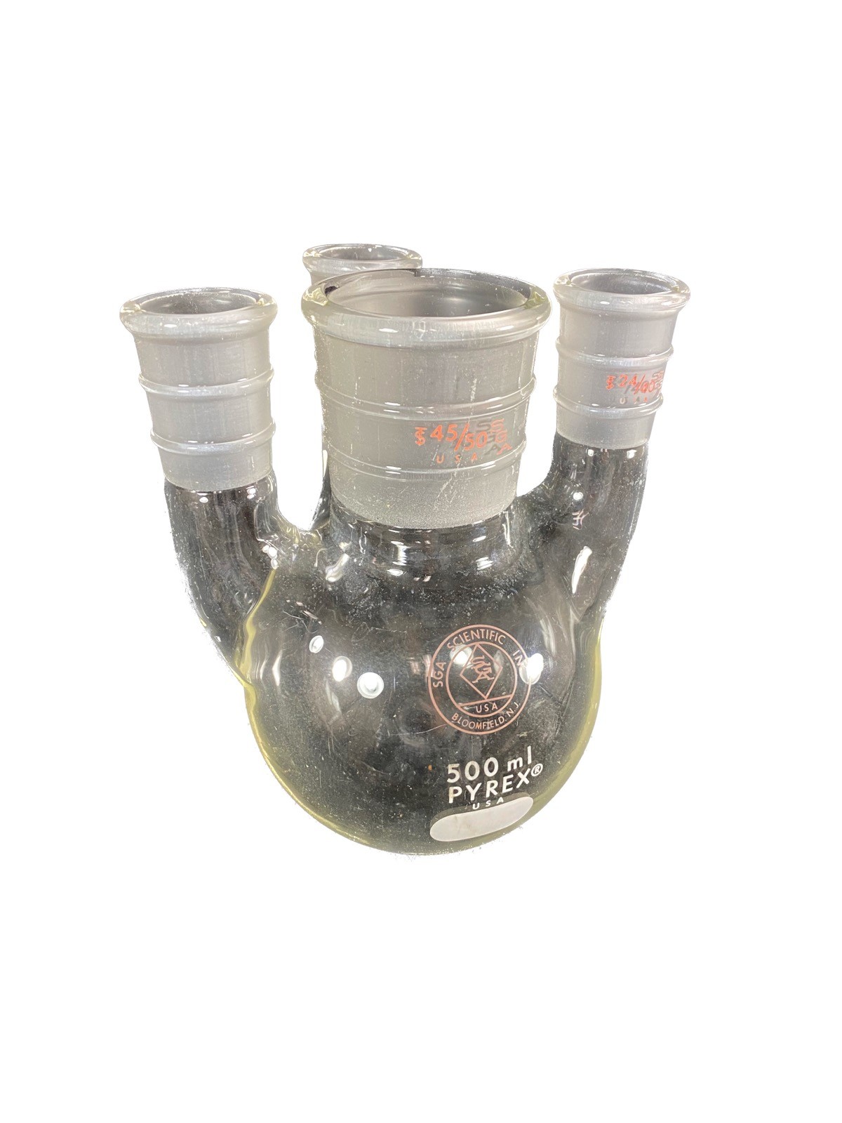SGA SCIENTIFIC INC 500mL Vertical Four Neck Round Bottom Flask 45/50 CN 24/40 SN