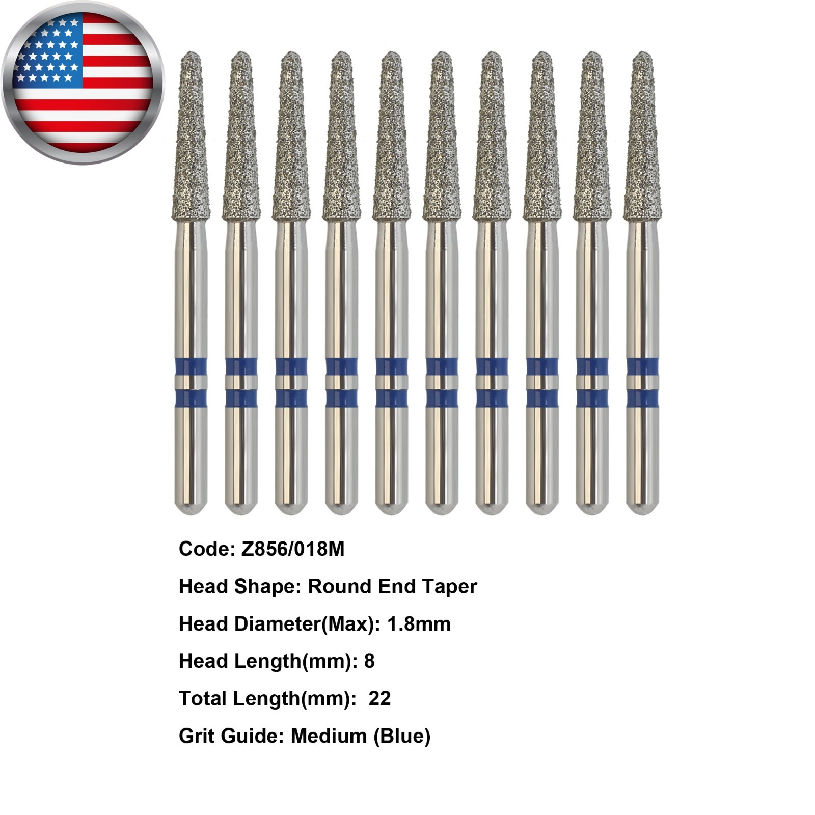 Zirconia Cutter Diamond Burs Multi-Use Round End Taper FG Z856/018M Medium Grit