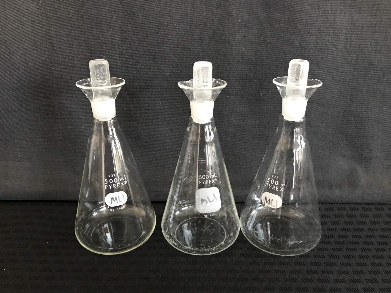 (3) CORNING PYREX 500mL Glass Determination Erlenmeyer Flask w/ #22I Std Stpr B