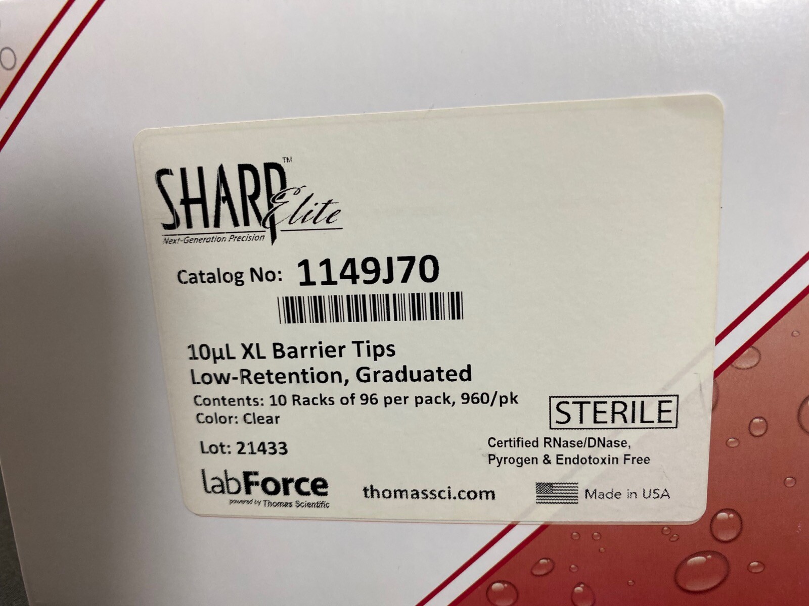 LAB FORCE 10µL Sharp Elite XL Graduated Barrier Pipette Tips 1149J70 (960/cs)