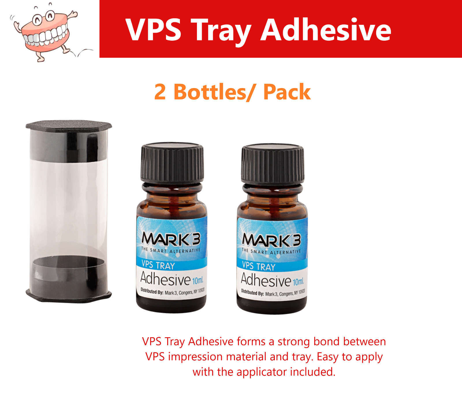 2 x 10 ml Bottles Dental VPS Vinyl Tray Adhesive 10 ml with Applicator Mark3
