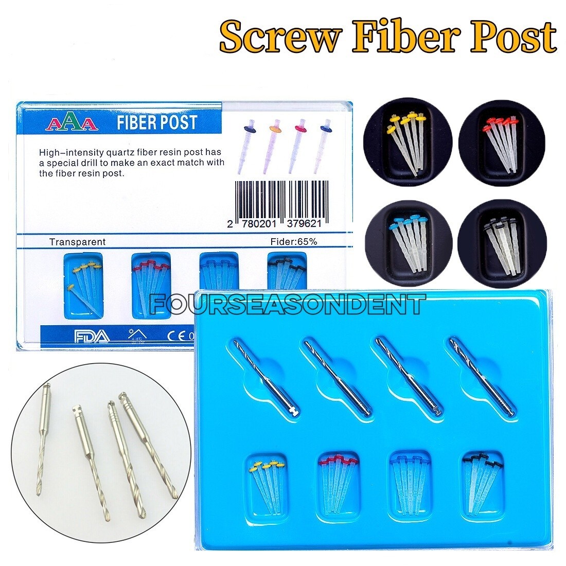 AAA Dental Endo Fiber Post Resin High-intensity Screw Thread Glass + 4Pcs Drills