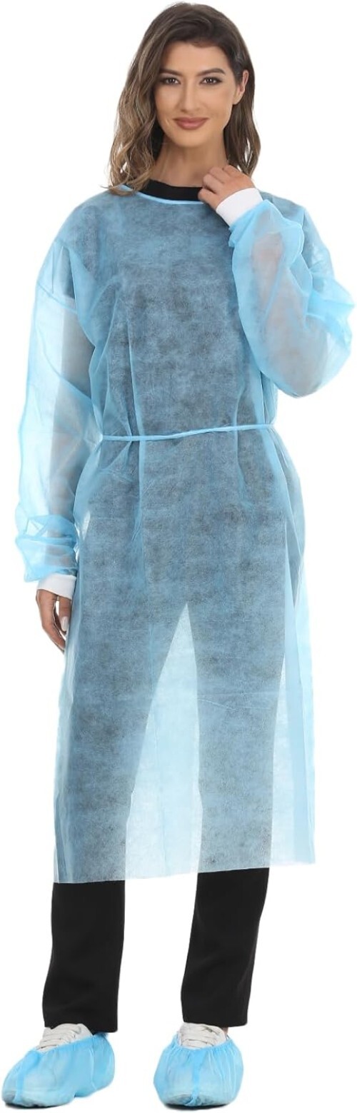 Disposable Isolation Gown Polypropylene Long Sleeve Blue Pack of 15