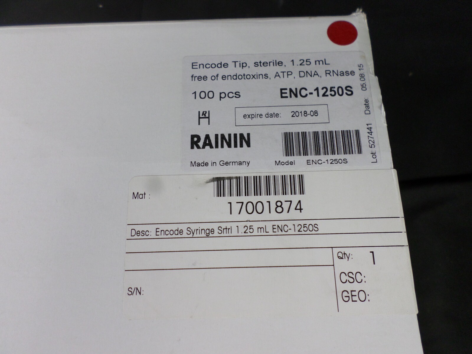 RAININ 1.25mL Encode Tip Syringe Sterile Strl ENC-1250S 17001874 (100/Box)