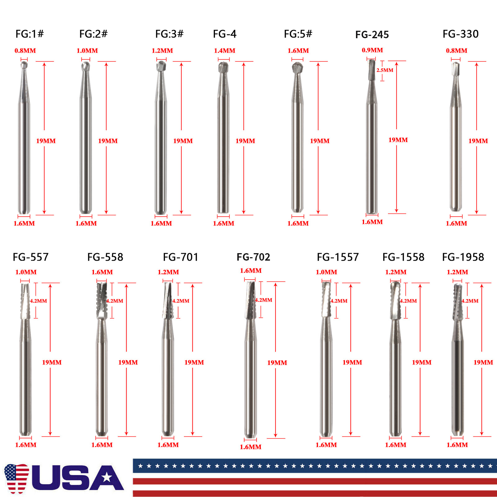 Dental Carbide Burs FG Round 19mm/Surgical Burs 25mm 41 Types For High Speed