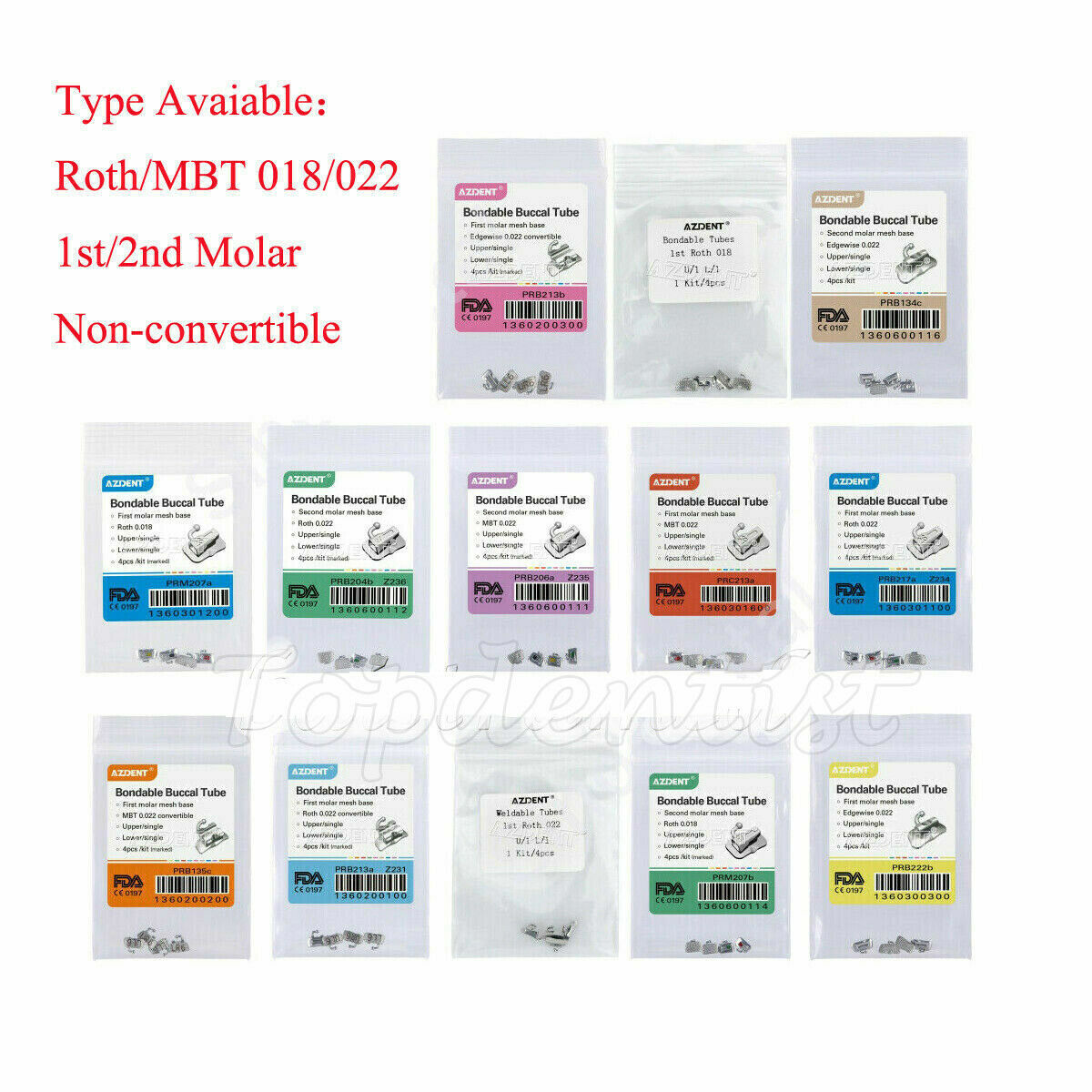 AZDENT Dental Orthodontic Bondable Buccal Tube 1st 2nd Molar MBT/Roth 022 018 CE