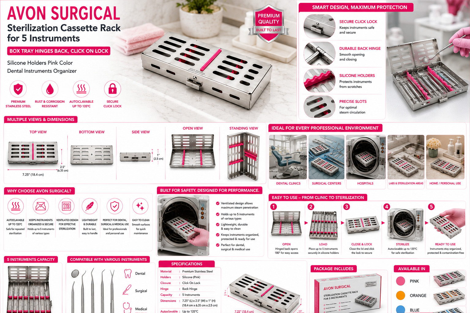 1PC GERMAN AUTOCLAVABLE STERILIZATION CASSETTE – HOLDS 5 INSTRUMENTS DENTAL PINK