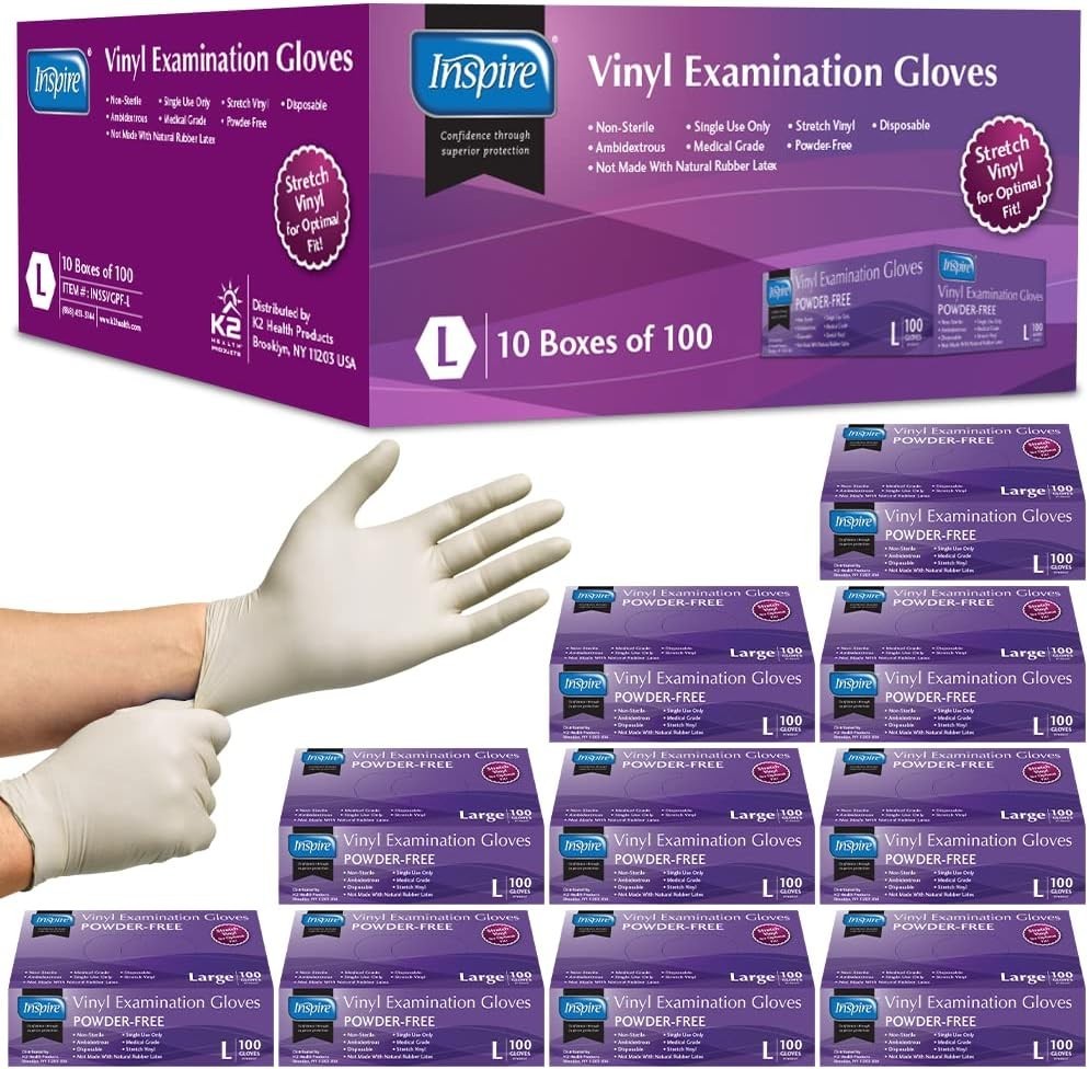 Stretch Vinyl Exam Gloves Latex Free Disposable Large 1000 Count