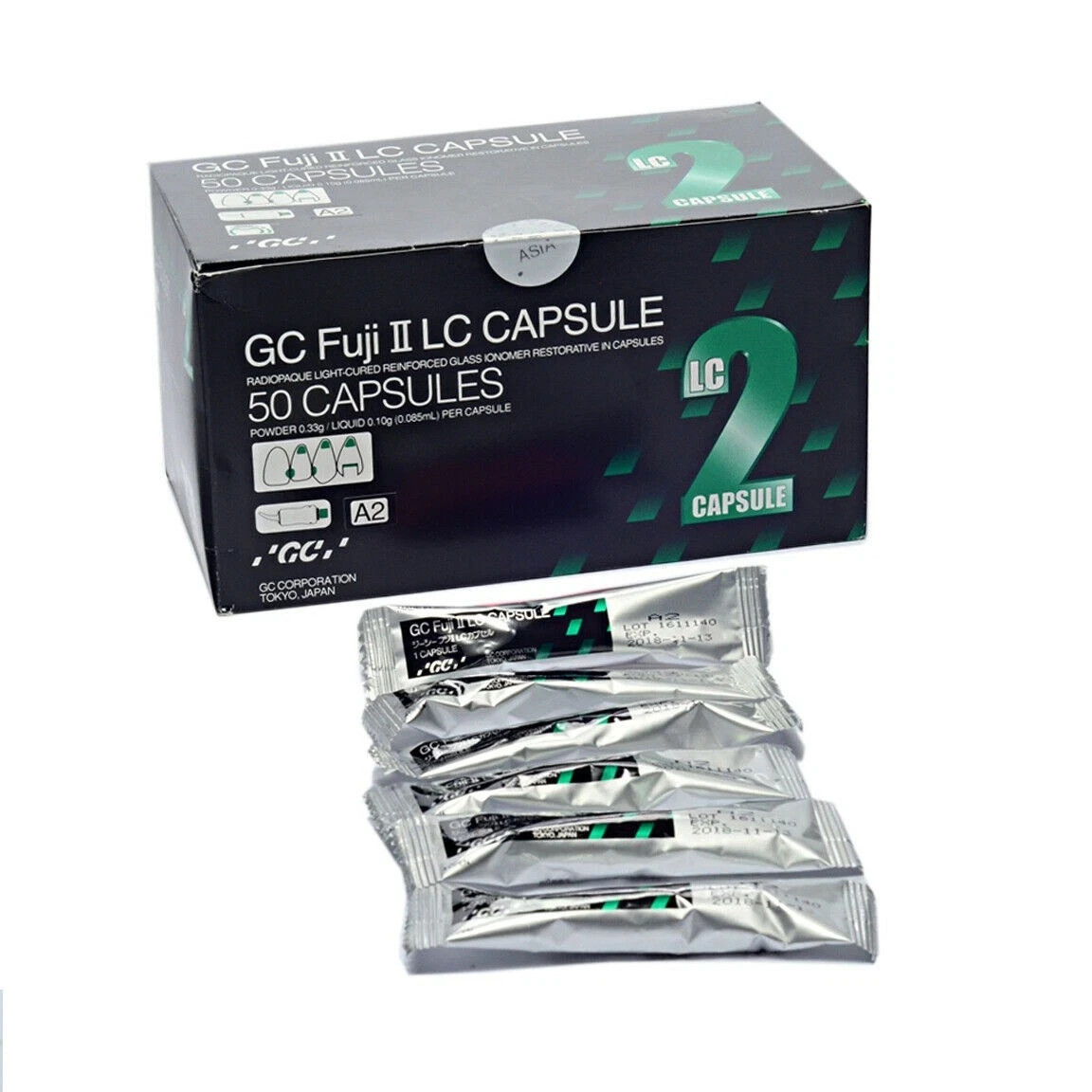 GC Capsules FUJI II Gold Label II LC Glass Ionomer Cement Restorative 50/Pk
