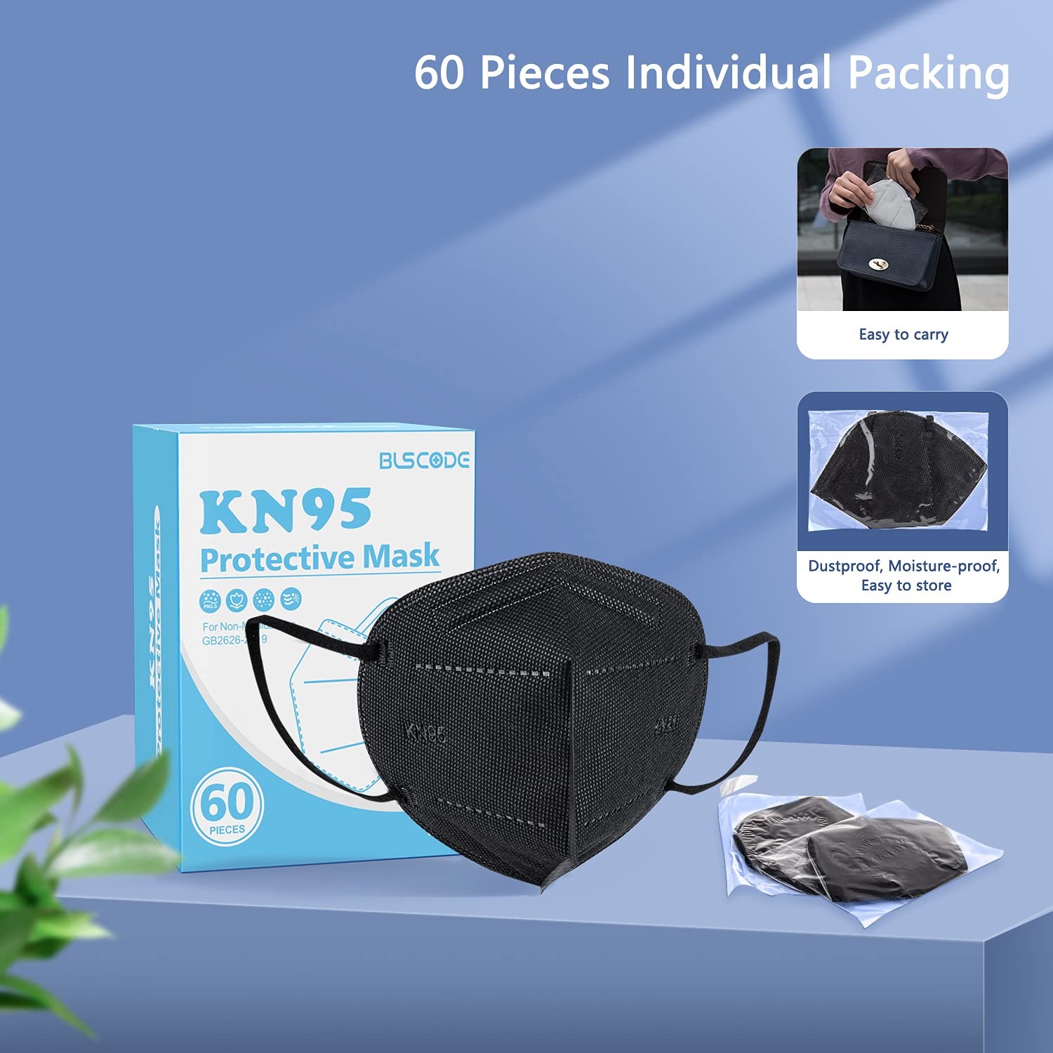 BLScode KN95 Face Mask 60 Pack, Individually 1 Count (Pack of 60), Black
