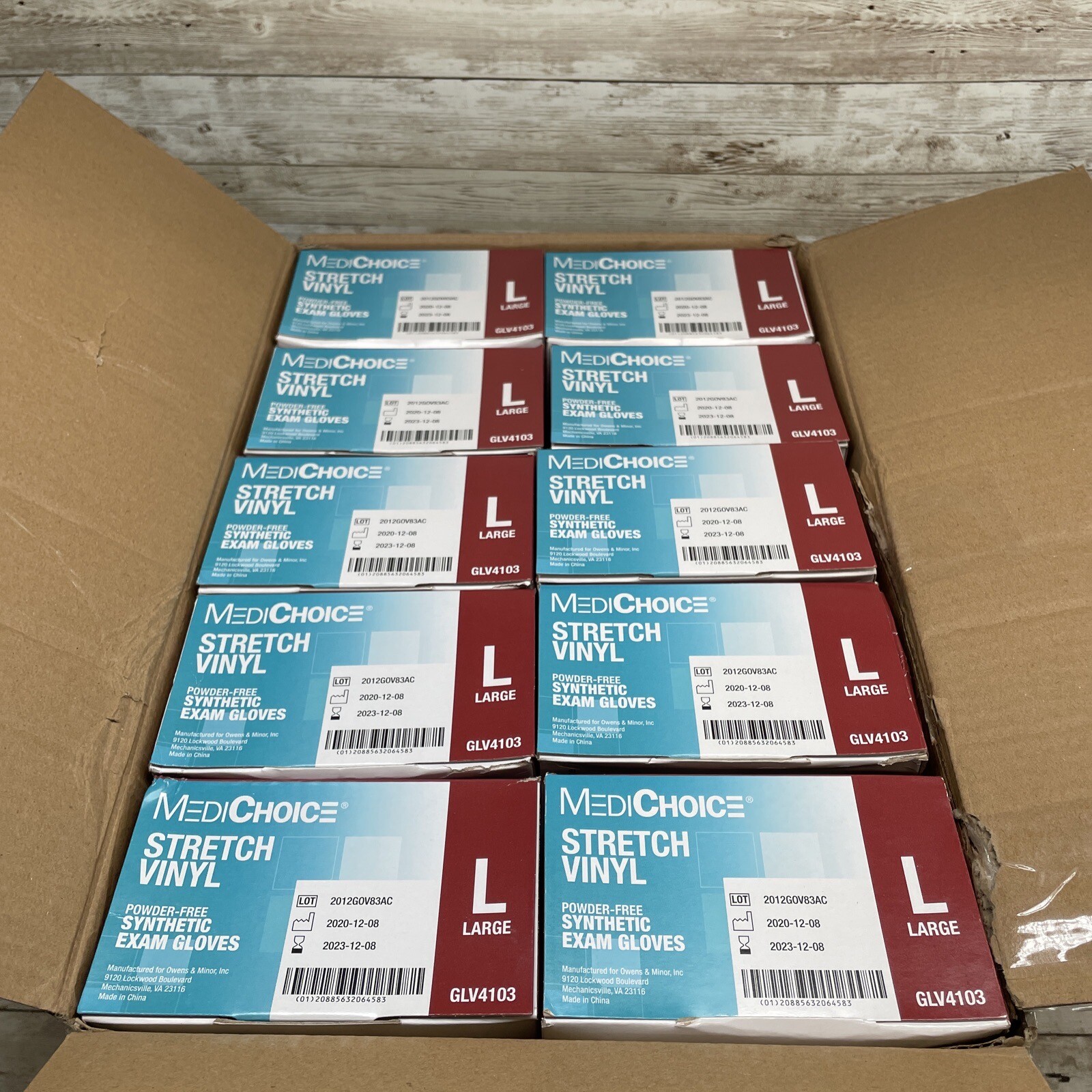 Damaged Case Medi Choice Size: LARGE Stretch Vinyl EXAM GLOVES Exp: 12/23