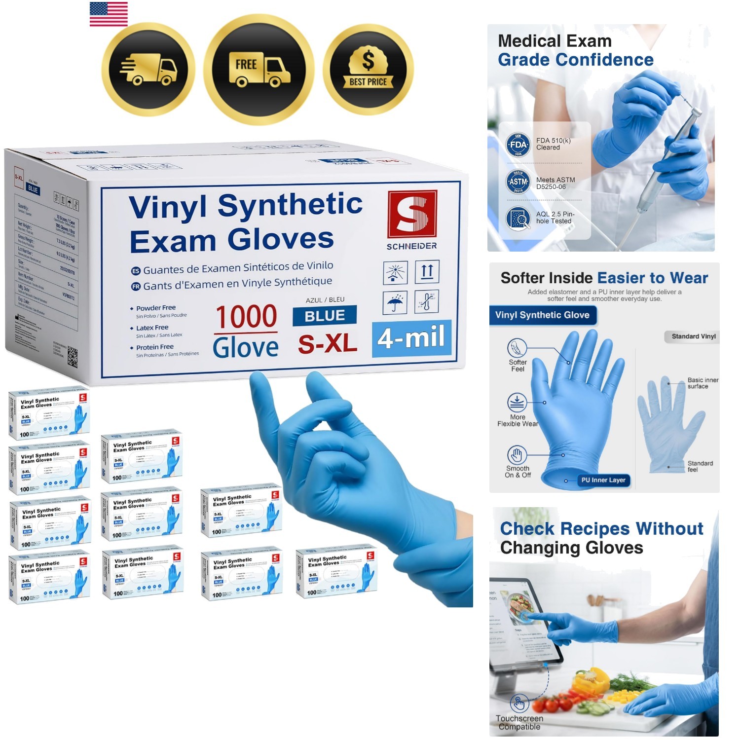 Blue Vinyl Synthetic Exam Gloves, Case of 1000, 4-mil, Powder-Free, Latex-Fre…