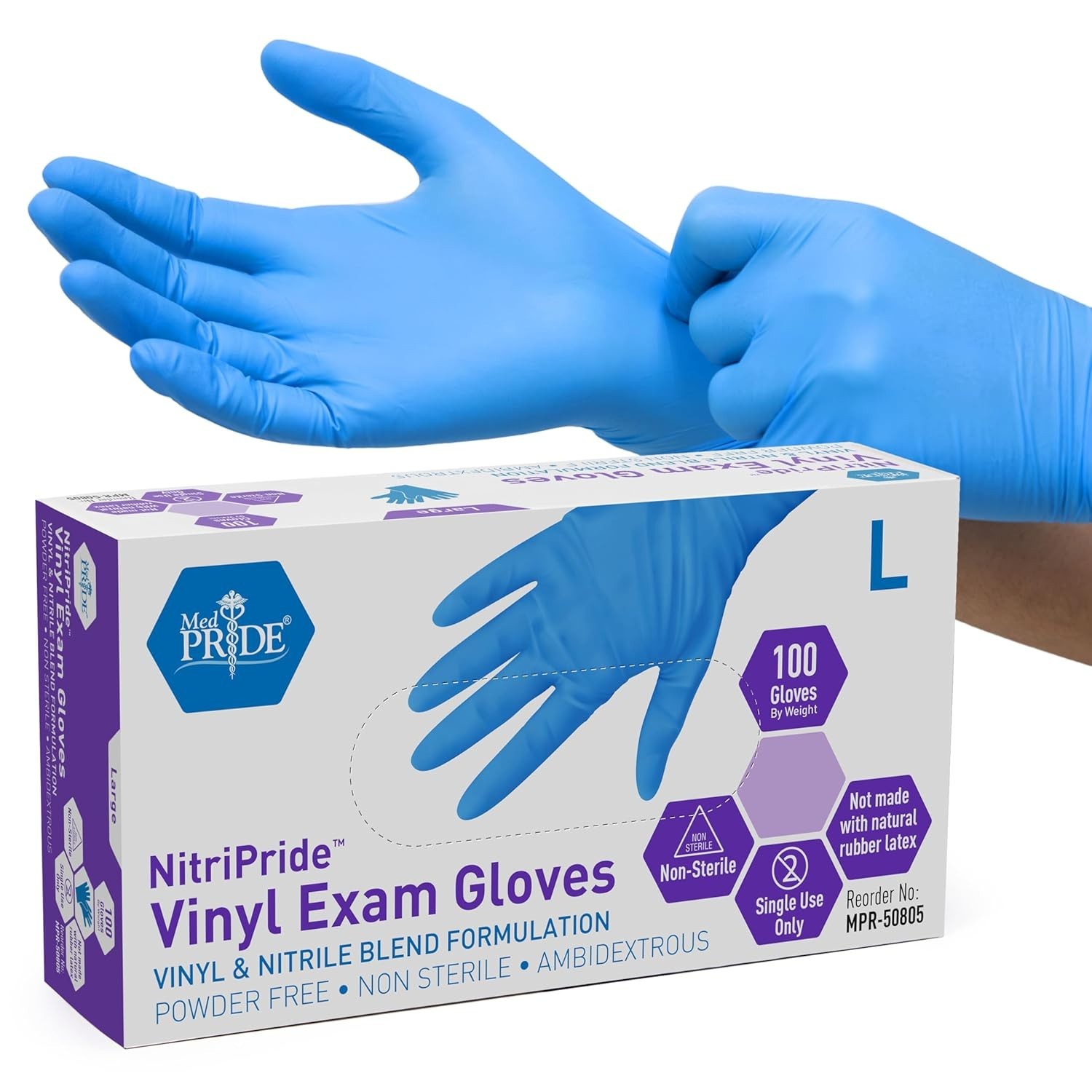 Blue Nitrile/Vinyl Blend Exam Gloves – Powder-Free, Latex-Free, Large 100 Count