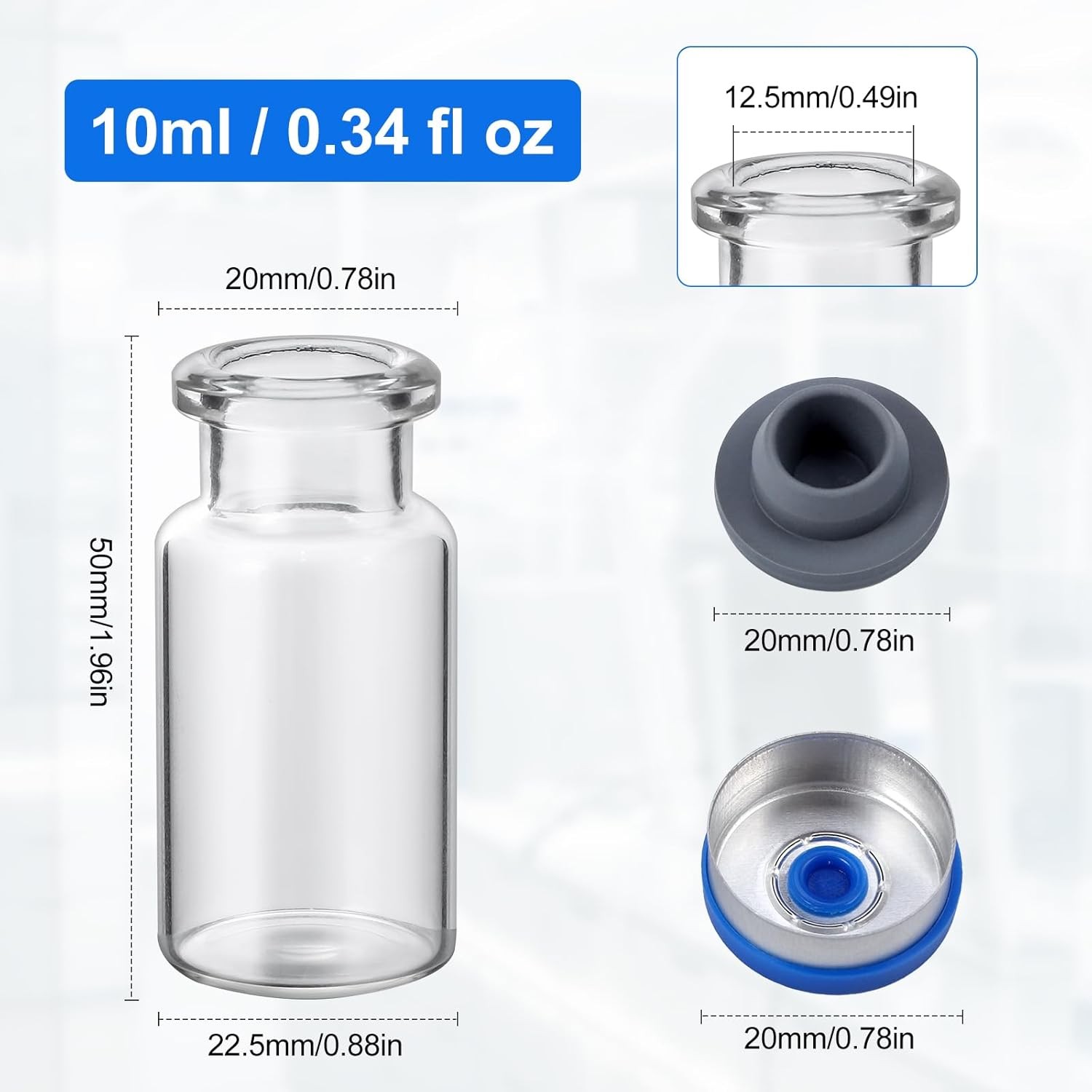 100Pcs 10ml Glass Vials Headspace Vials Sample vials w/ Caps and Rubber Stoppers