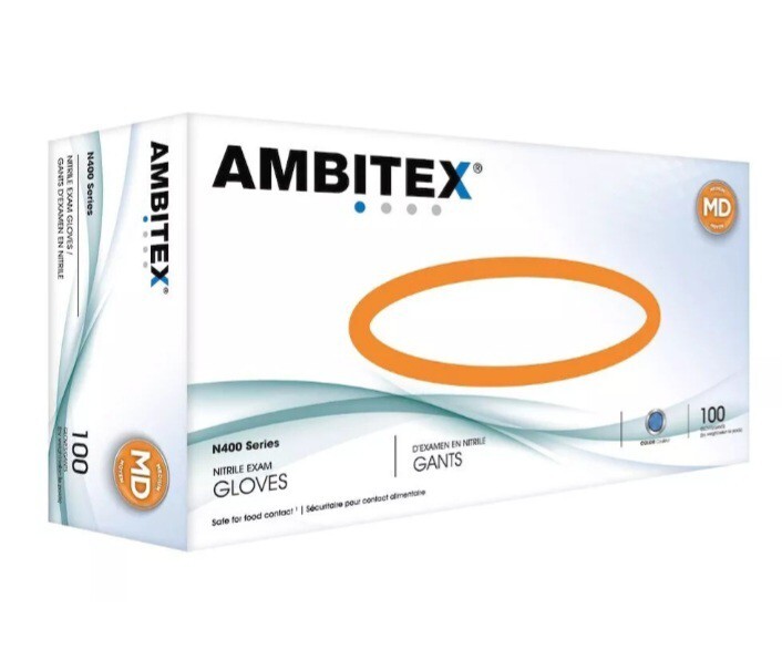 Ambitex powder free nitrile gloves. (Medium) 1000 gloves-blue