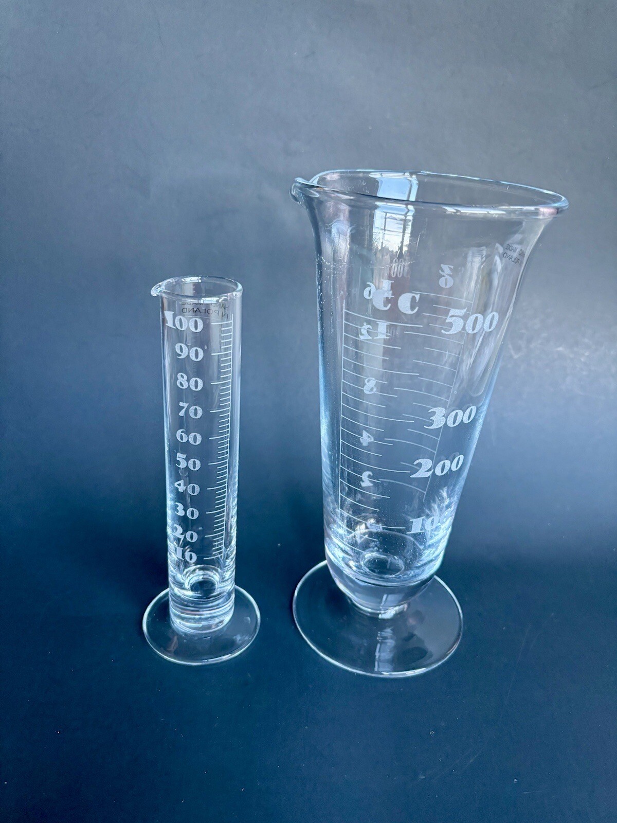 Vintage Handmade In Poland Glass Beakers Cone Cylinder Etched Set Of 2