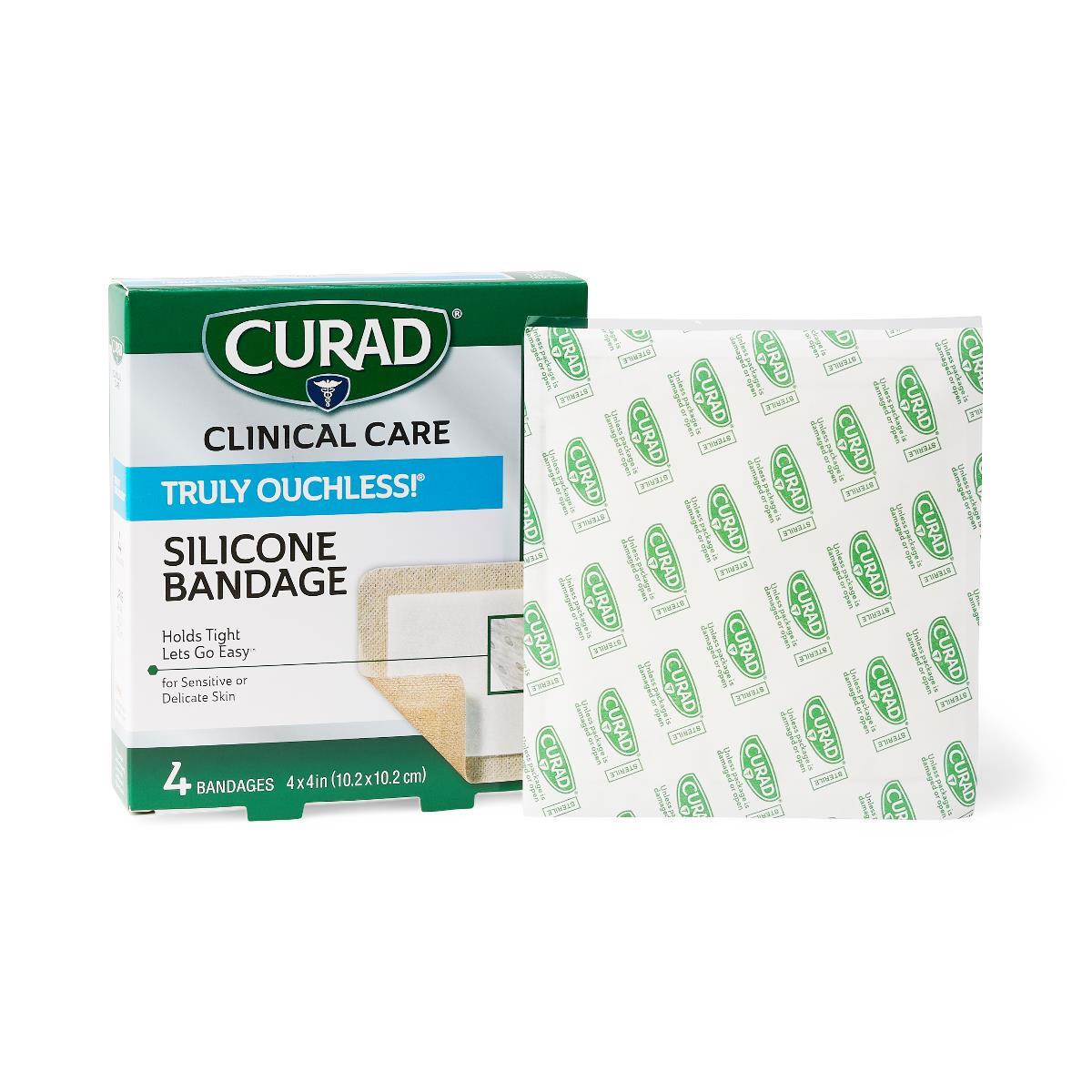 Curad Silicone Flexible Fabric Bandages, 4″ X 4″, Box of 4