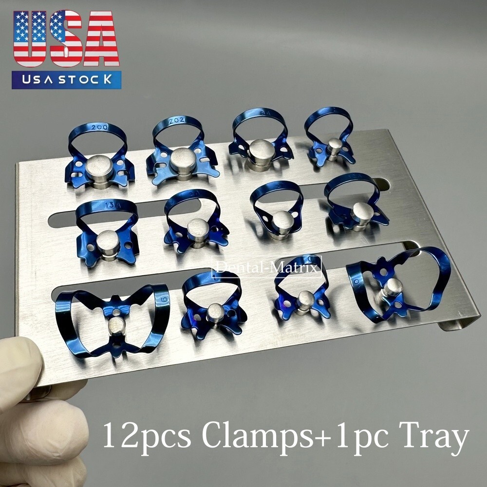 Endodontic Rubber Dam Clamps Blue With Sliver Tray Dental Endo Lab Instruments