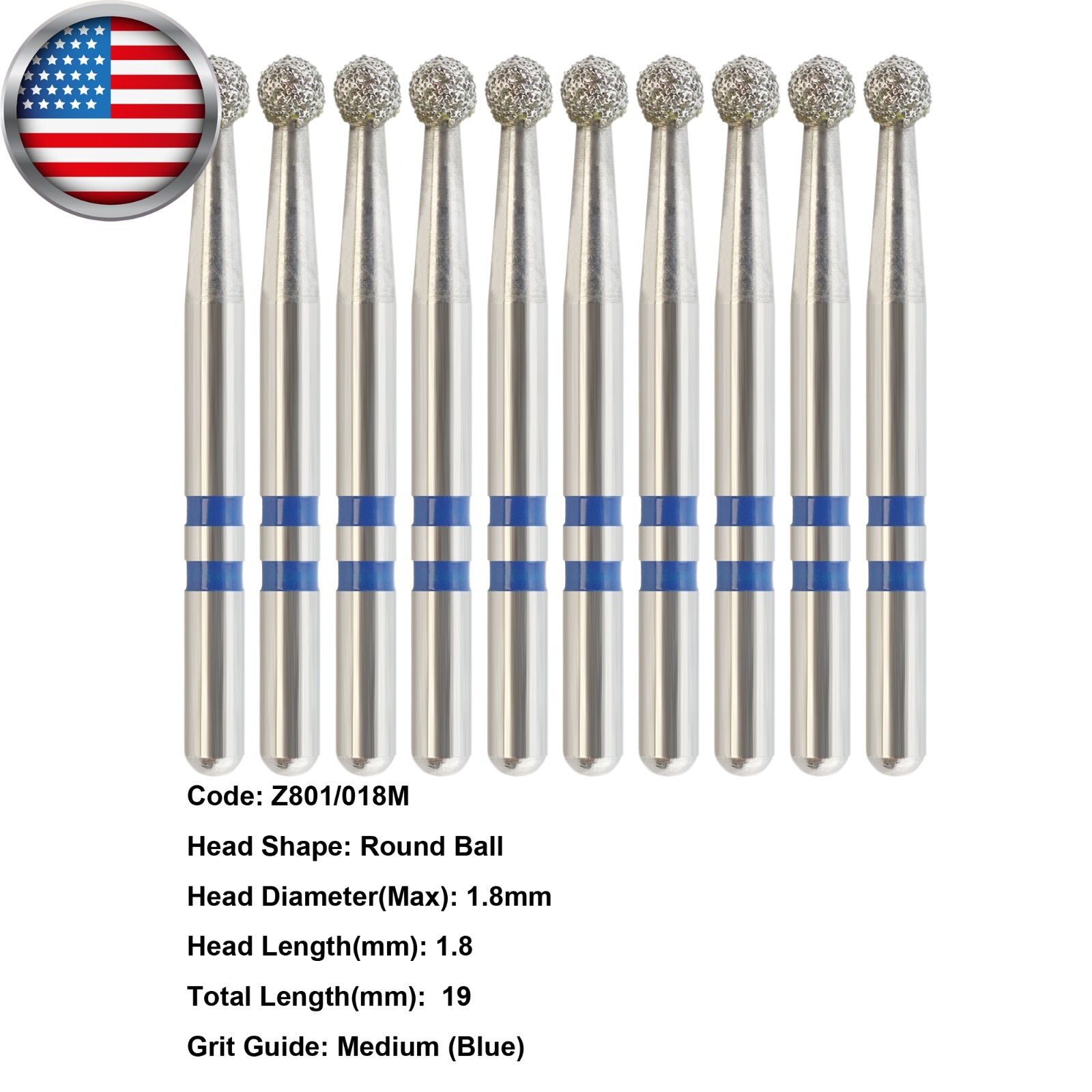 Dental Zirconia Cutting Diamond Burs High Speed FG Round Z801/018M Medium Grit