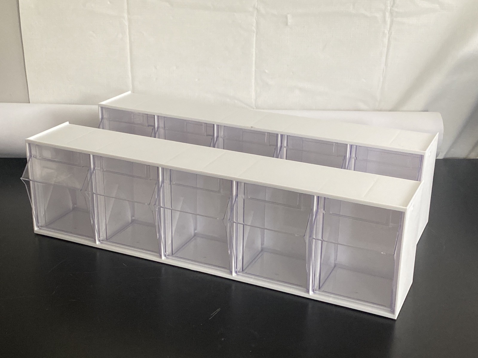Used (2) QUANTUM 5-Compartment Tip-Out Bin Organizer White 23-3/4” L QTB305