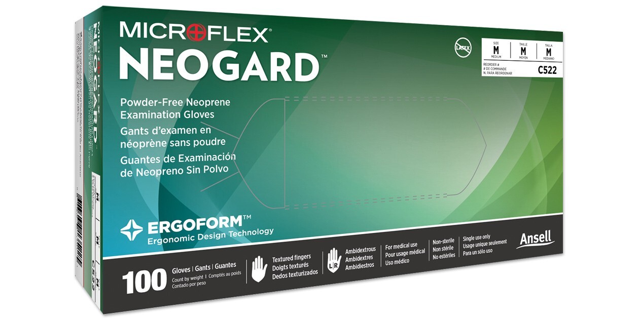 Ansell C522 Exam Gloves With Ergoform Ergonomic Design, Neoprene, Powder Free,