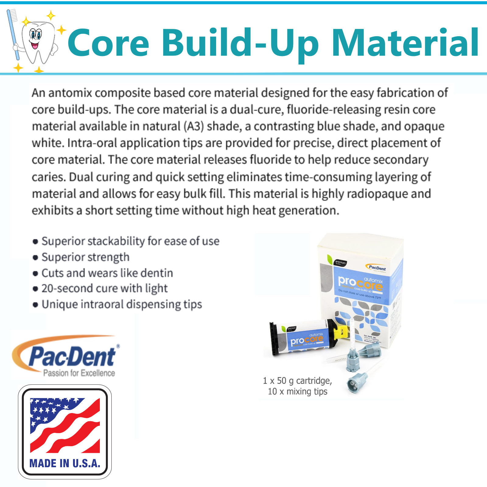 Dental Core Build-Up Material 1 x 50g cartridge & Tips PacDent ProCore Dual Cure