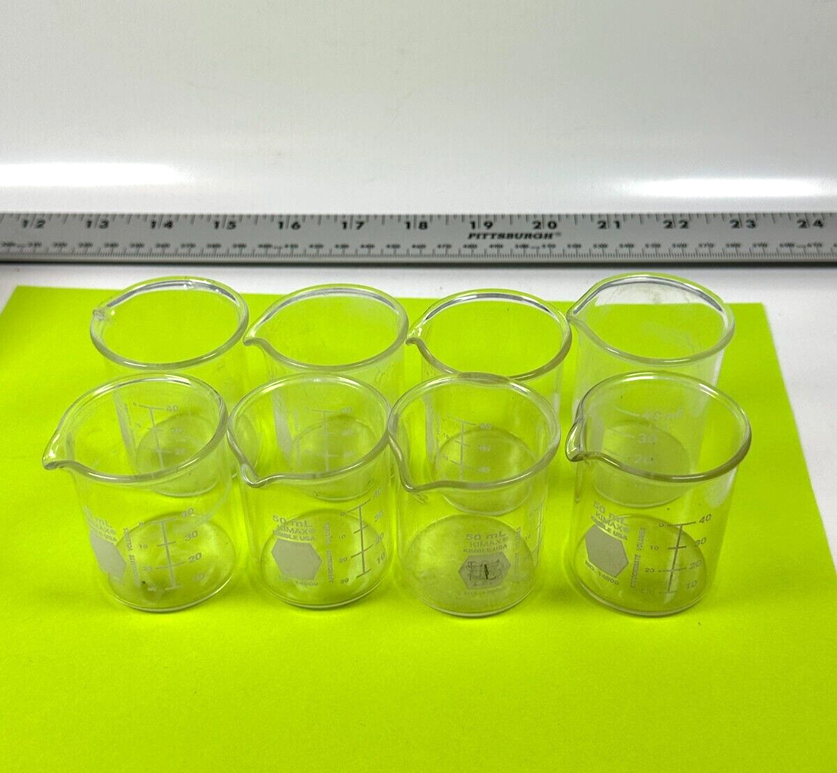 Kimax Kimble USA 50ml Beakers 1400 with Spout (Lot of 8) – Used Need Cleaning
