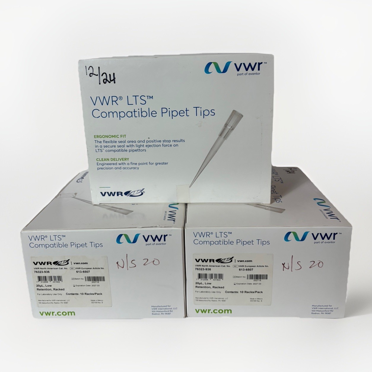 (Set of 3)VWR LTS Compatible Pipet Tips, 20µL, No. 76323-936 (10 racks/box)