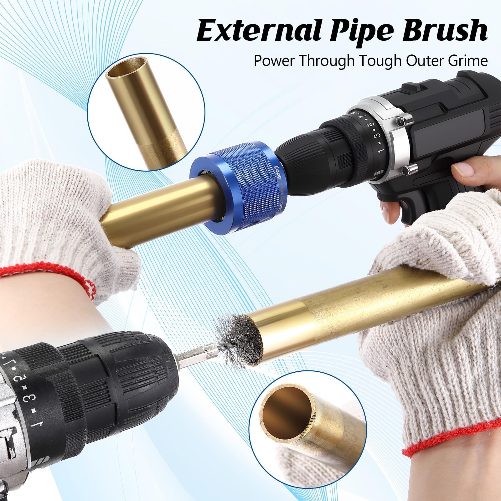 Copper Pipe Cleaner for Drill Set Includes External Stainless Steel Wire Bore…