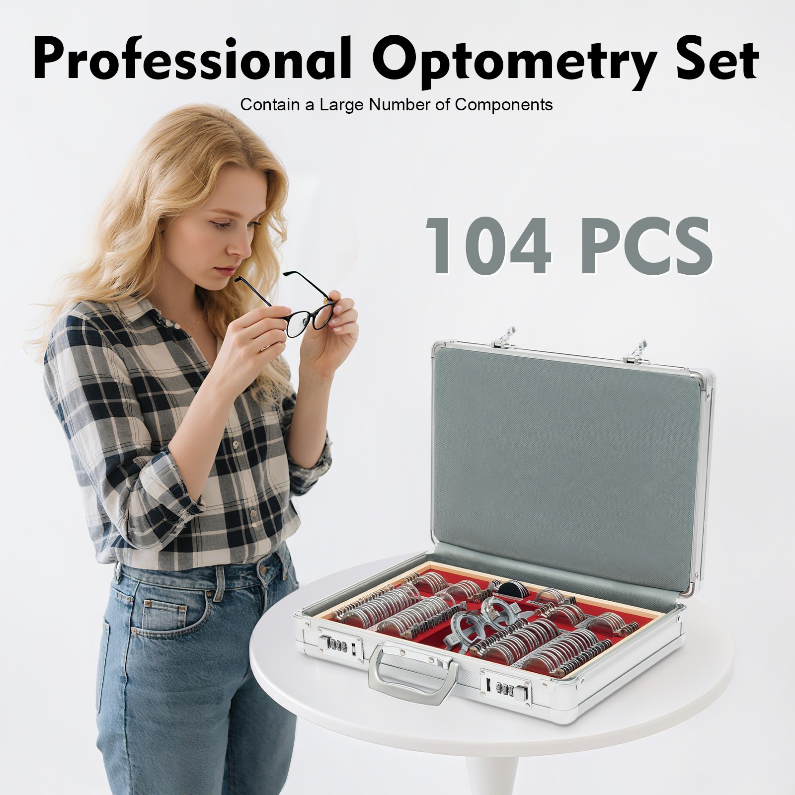 104pcs Optometry Optical Trial Lens Kit Test Metal Trial Frame Set w/Case Box