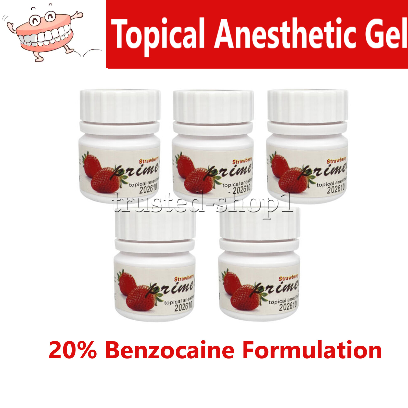 5X Dental Topical Anesthetic Gel 20% Benzocaine 1oz Jar, Exp 06/28, Strawberry