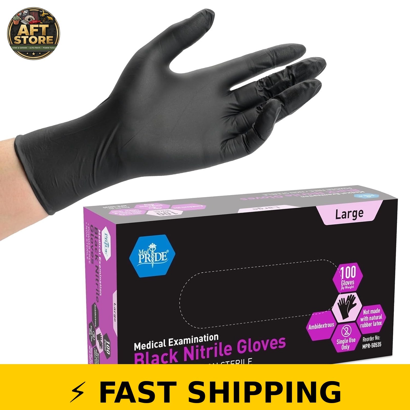 MedPride Nitrile Gloves Powder-Free, Large, Black, 100-Pack