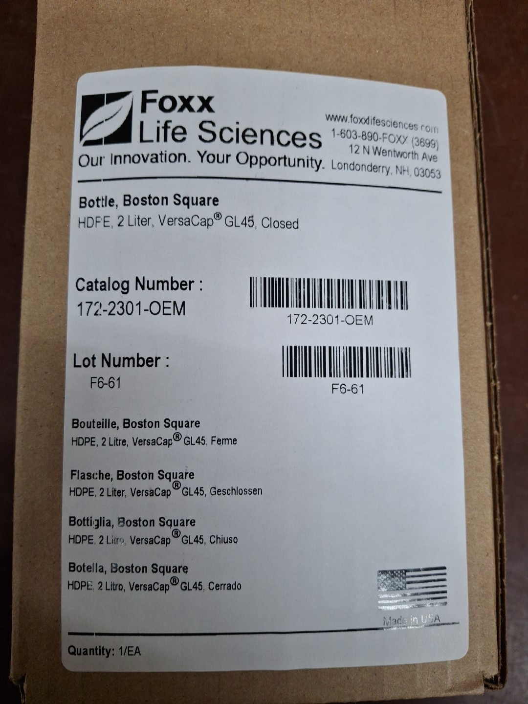Foxx Life Science 2 Liter HDPE Bottle With Versacap