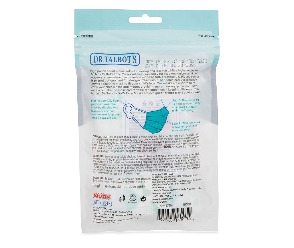 Dr. Talbot’s Disposable Protective Face Masks for Boys 2-5 Years – 10-Count. A12
