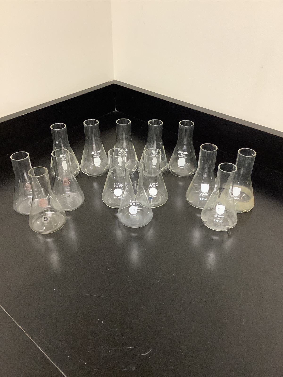 Lot Of 14 250mL Flasks Various Brands (Some Have Indented Bottoms)