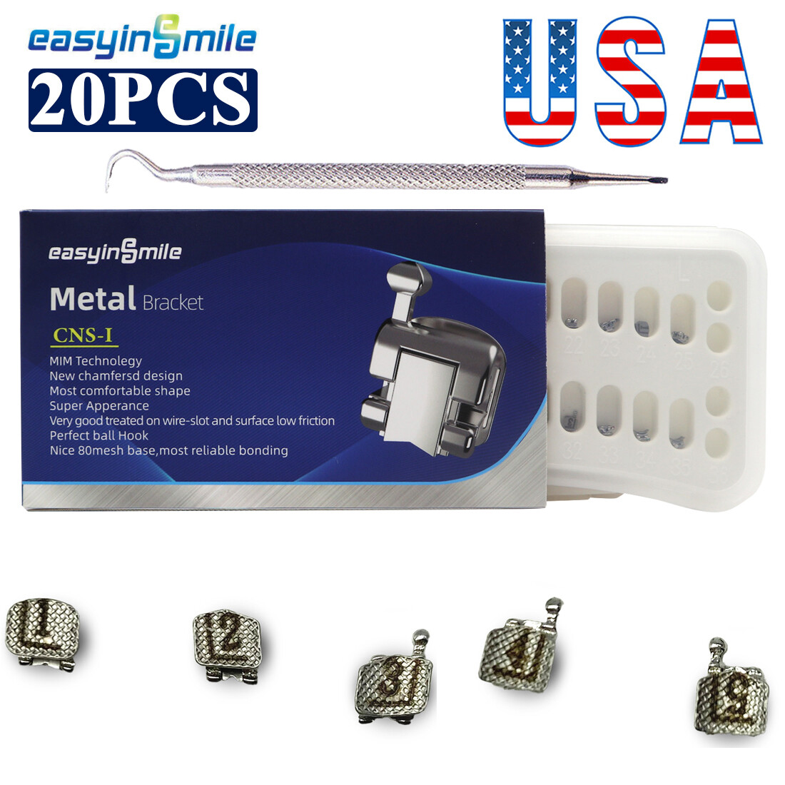 20pcs Dental Ortho Metal Self-ligating Brackets MINI Braces ROTH/MBT 3/345Hooks