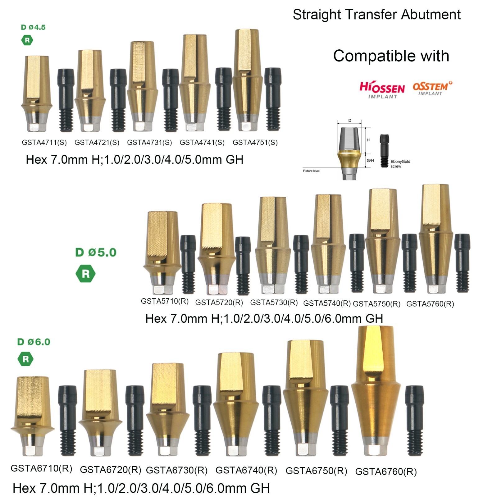 Hiossen Straight Standard Internal Hex Abutment Cement Retained Crown Titanium