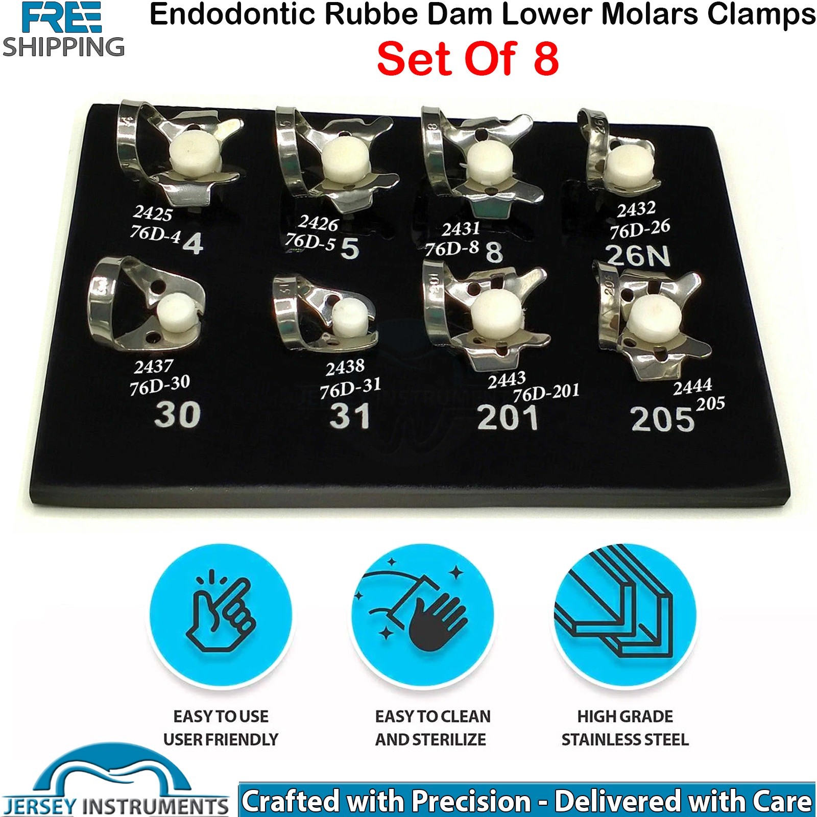 Dental Rubber Dam Clamp Set Lower Molars Endodontic Isolation Kit Set Of 8 Pcs