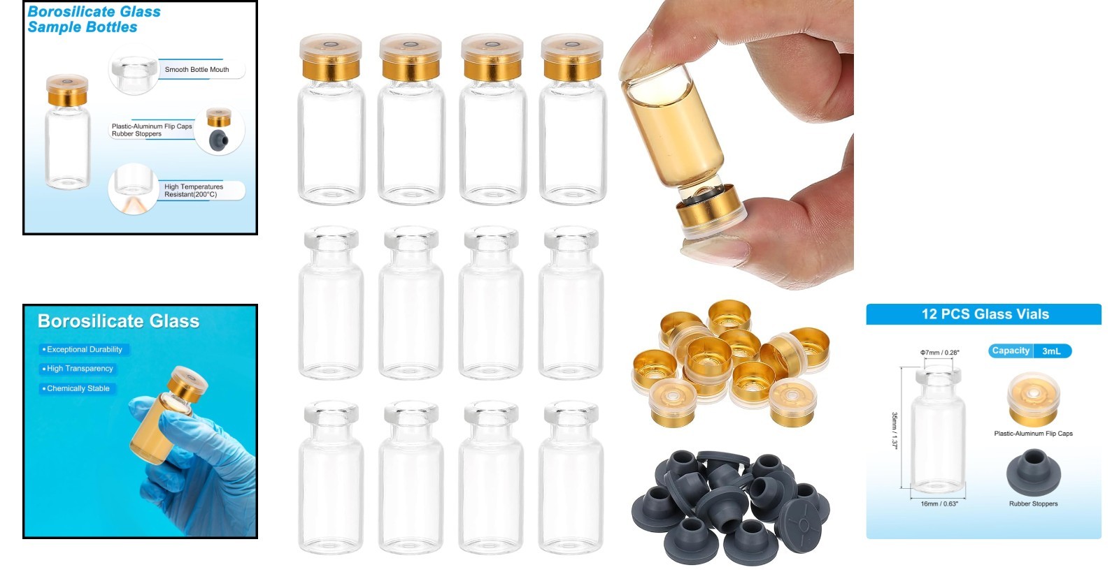 Clear 12pcs 3ml Borosilicate Vials with Secure Caps for Essential Oils & Lab Use