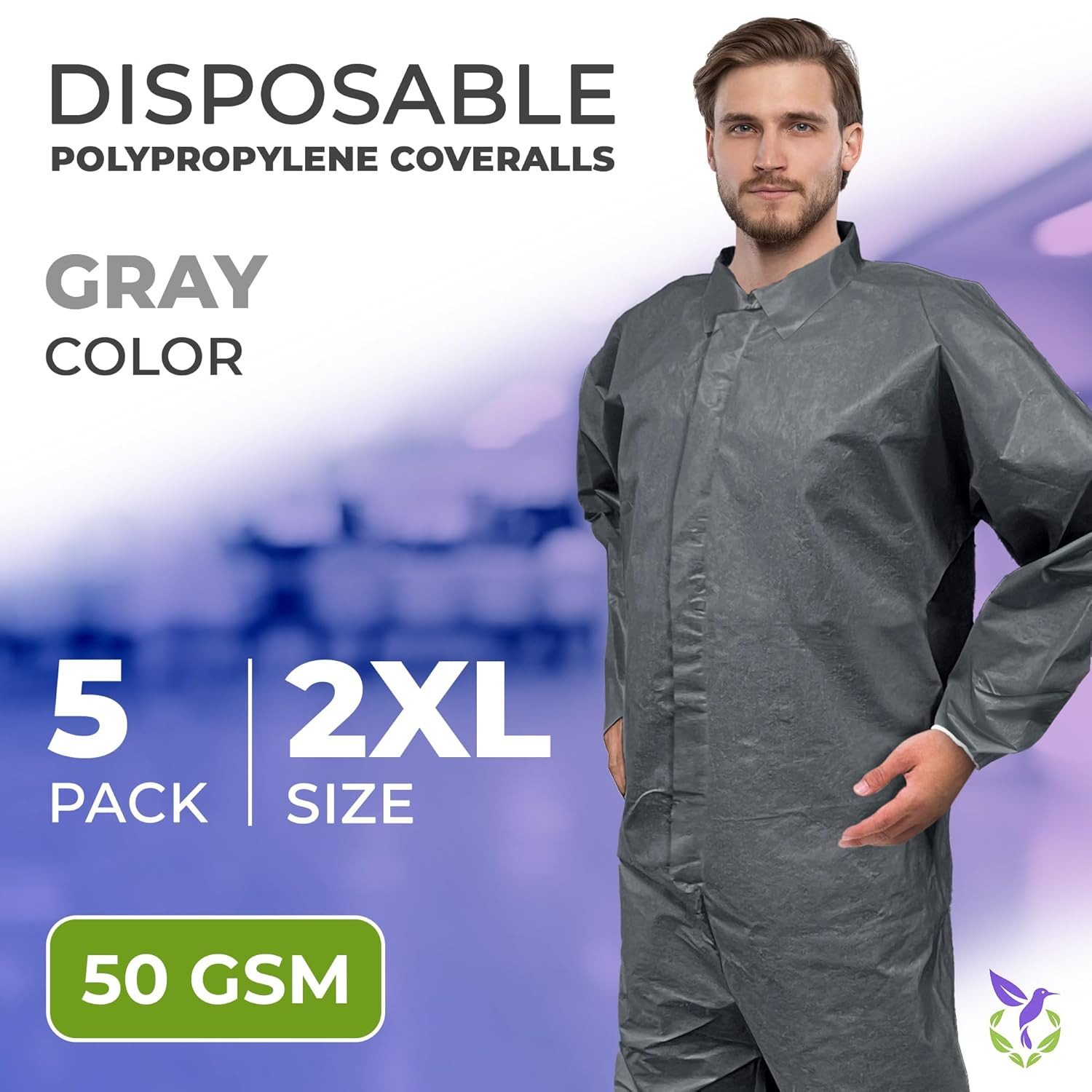Disposable Polypropylene Coveralls, 2X-Large, Gray, 5 Pack, 50 GSM Nonwoven Pain