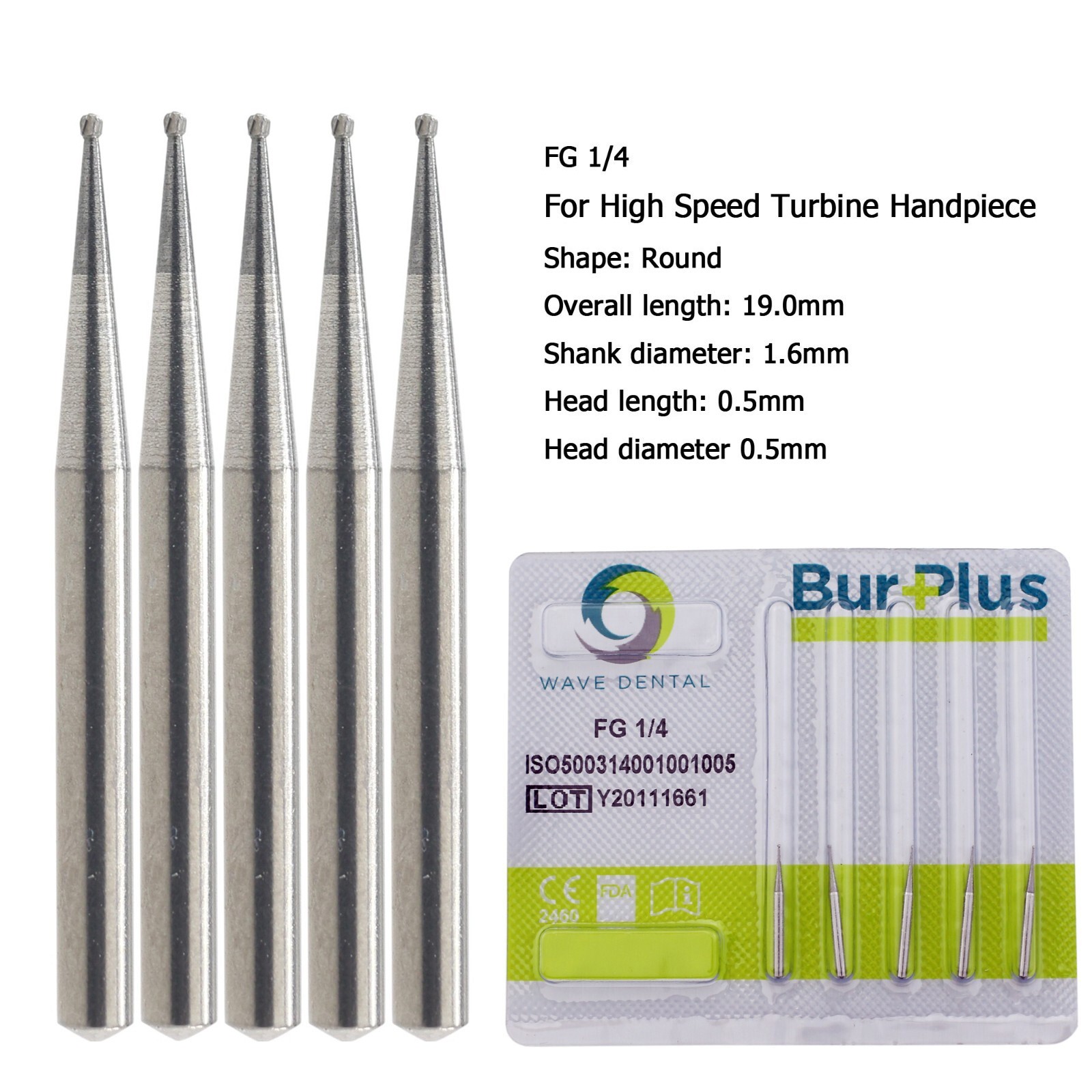 WAVE Dental FG Burs 19mm Friction Grip High Speed Carbide Round End Bur 1/4 6 8