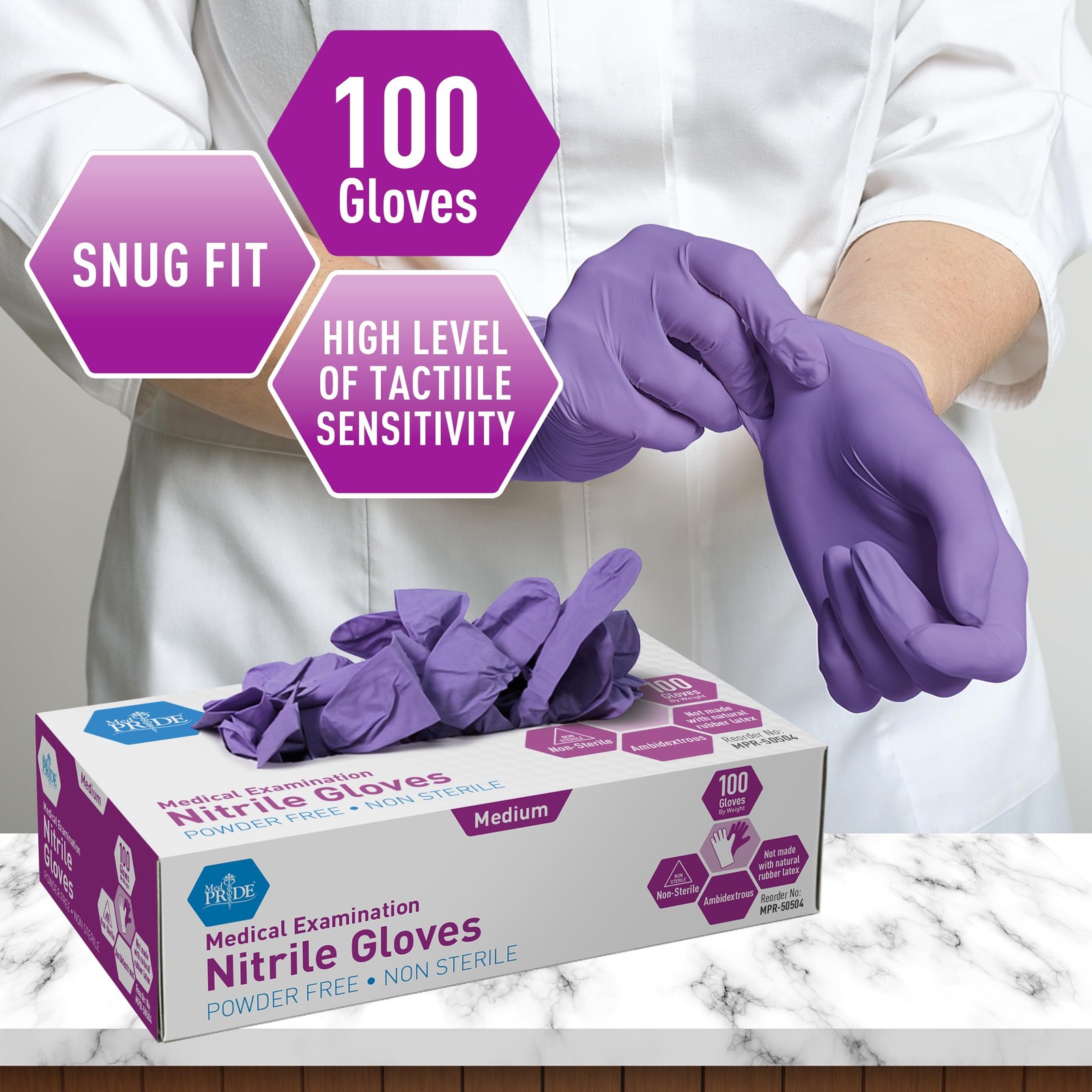 MedPride Powder-Free Nitrile Exam Gloves, Medium (Pack of 100), Iris Blue
