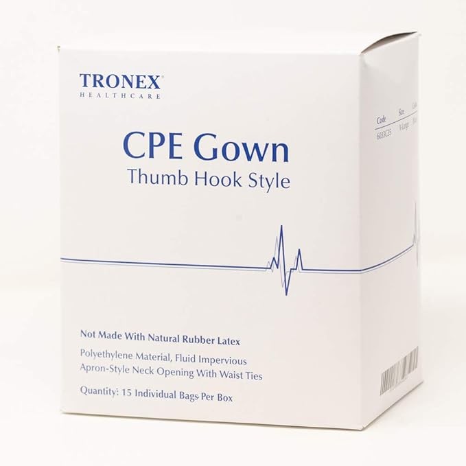 Tronex CPE Gown Thumb Hook Style Isolation XL Blue Apron Neck w/Waist Ties Gowns