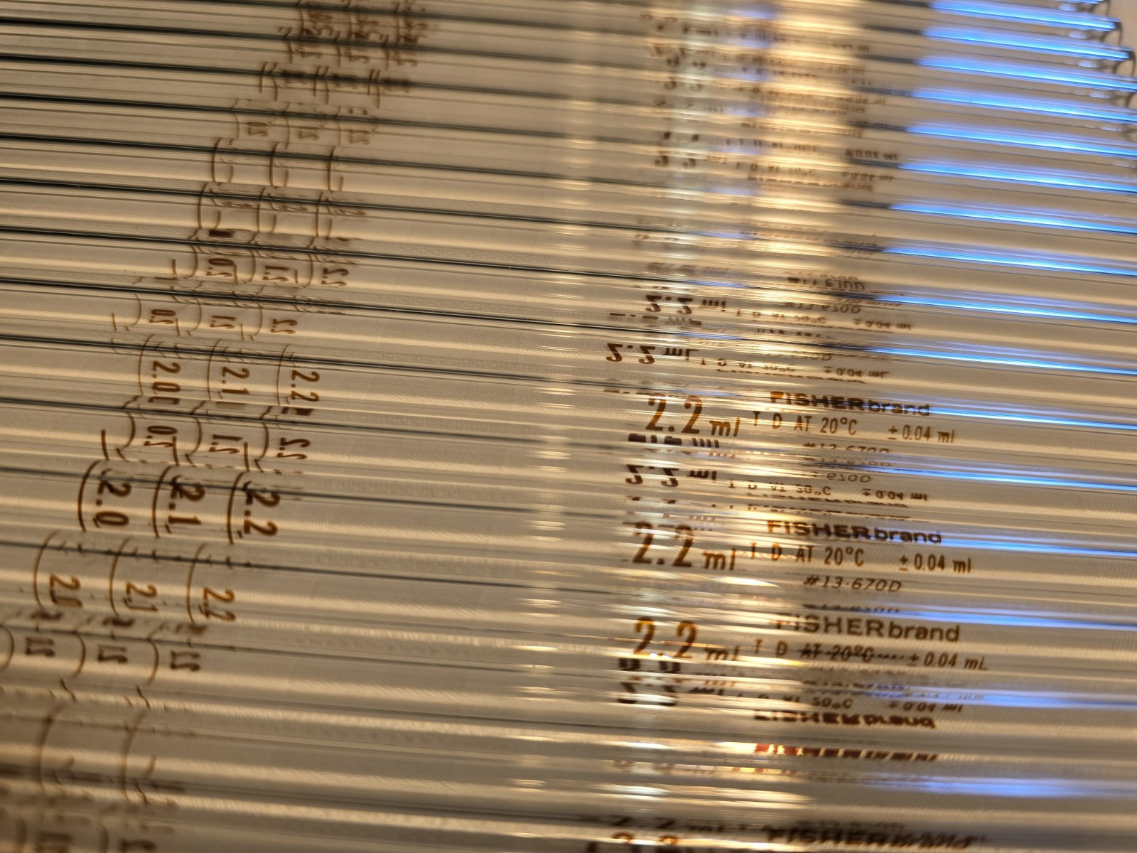 Lot of 38 Fisherbrand Fisher 13-670D 2.2mL Borosilicate Glass Pipets, excellent