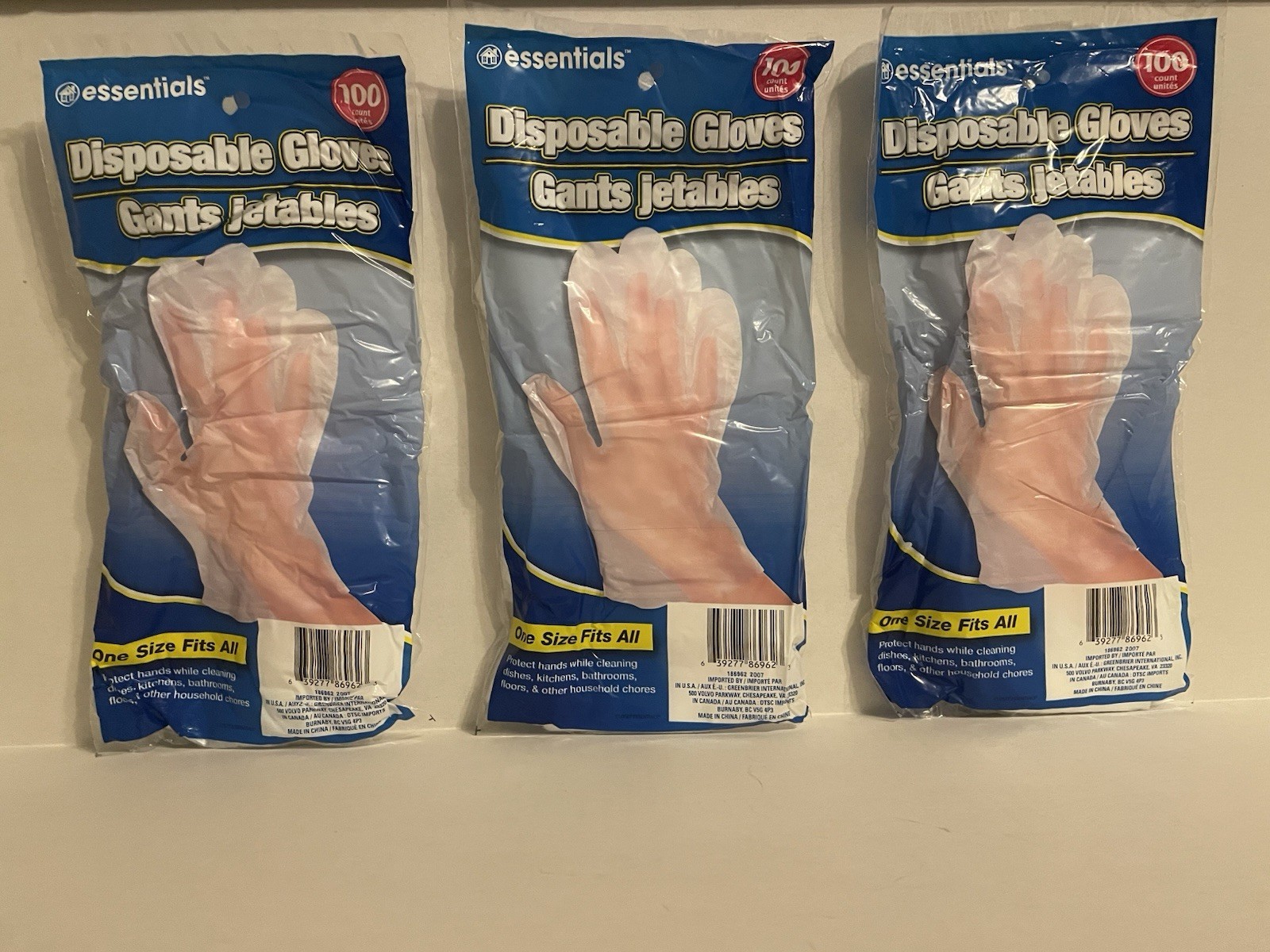 Essentials Disposable Gloves One Size Fits All, Set OF 3, 100ct (300 Gloves)